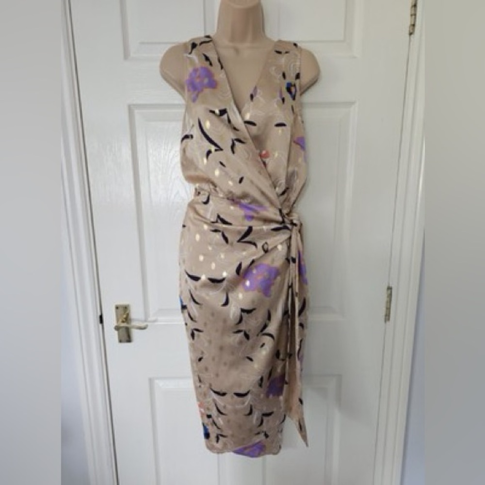 Never Fully Dressed Beige Floral Wrap Midi Dress with Purple Accents